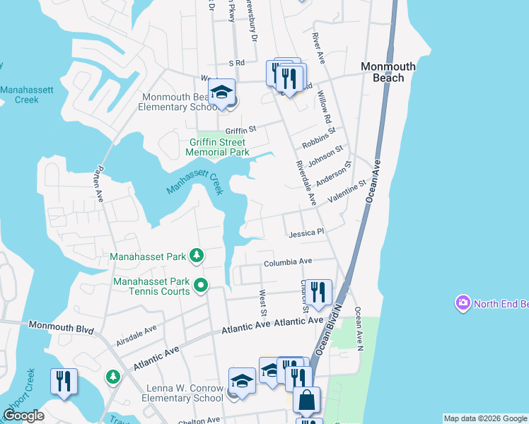 map of restaurants, bars, coffee shops, grocery stores, and more near 51 Valentine Street in Monmouth Beach