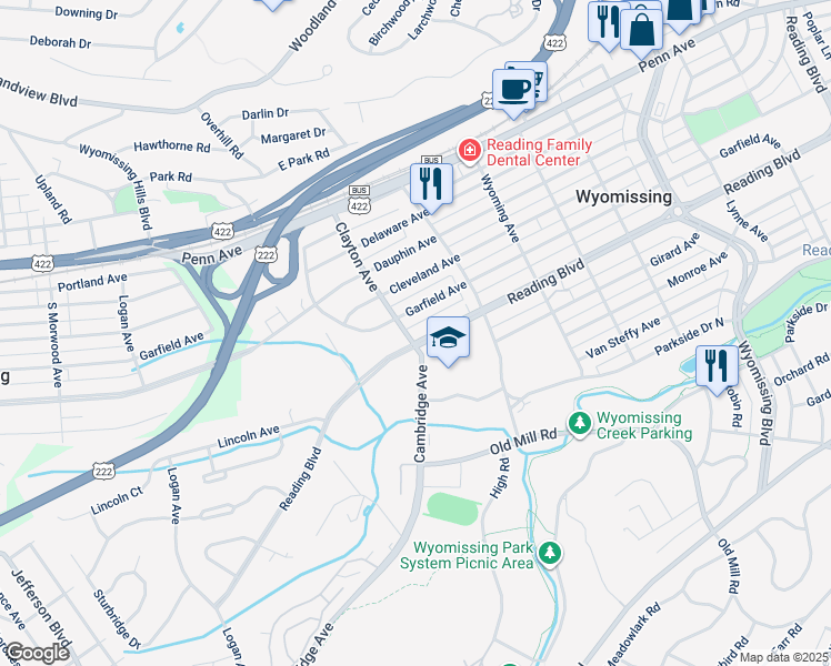 map of restaurants, bars, coffee shops, grocery stores, and more near 1665 Reading Boulevard in Wyomissing