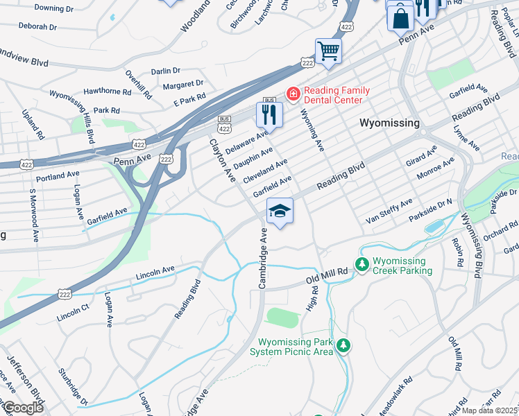 map of restaurants, bars, coffee shops, grocery stores, and more near 1665 Reading Boulevard in Wyomissing