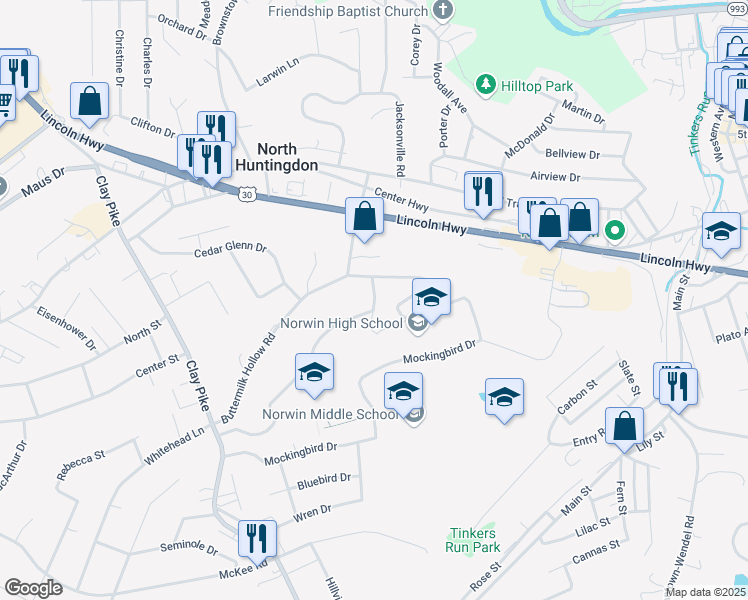 map of restaurants, bars, coffee shops, grocery stores, and more near 251 McMahon Drive in North Huntingdon