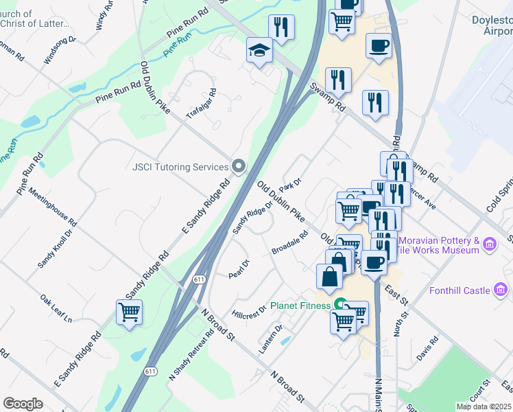 map of restaurants, bars, coffee shops, grocery stores, and more near 17 Sandy Ridge Drive in Doylestown