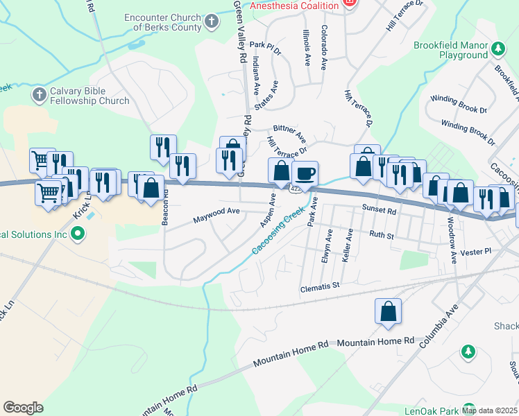 map of restaurants, bars, coffee shops, grocery stores, and more near 3 Maywood Avenue in Sinking Spring