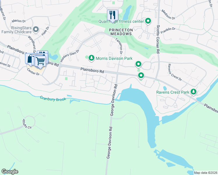 map of restaurants, bars, coffee shops, grocery stores, and more near 2 Thoreau Drive in Plainsboro Township