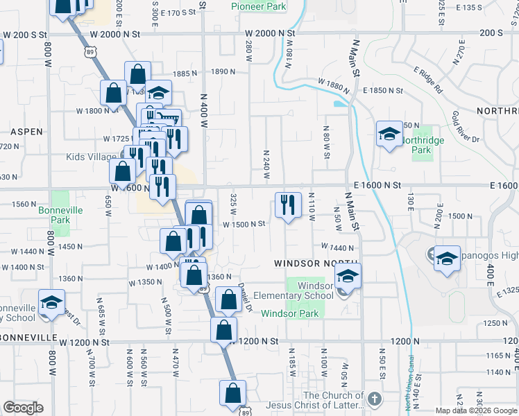 map of restaurants, bars, coffee shops, grocery stores, and more near 1547 North 275 West Street in Orem