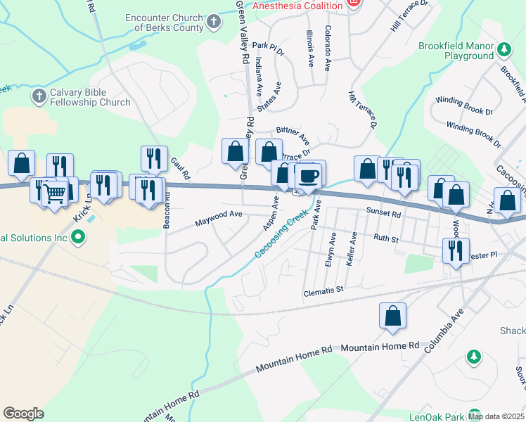 map of restaurants, bars, coffee shops, grocery stores, and more near 3 Maywood Avenue in Sinking Spring