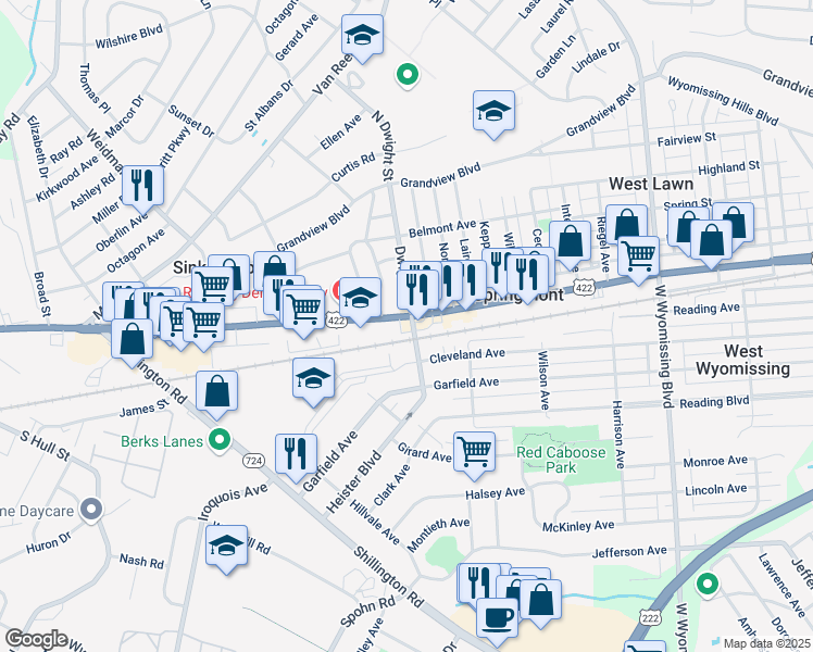 map of restaurants, bars, coffee shops, grocery stores, and more near 2909 Penn Avenue in West Lawn