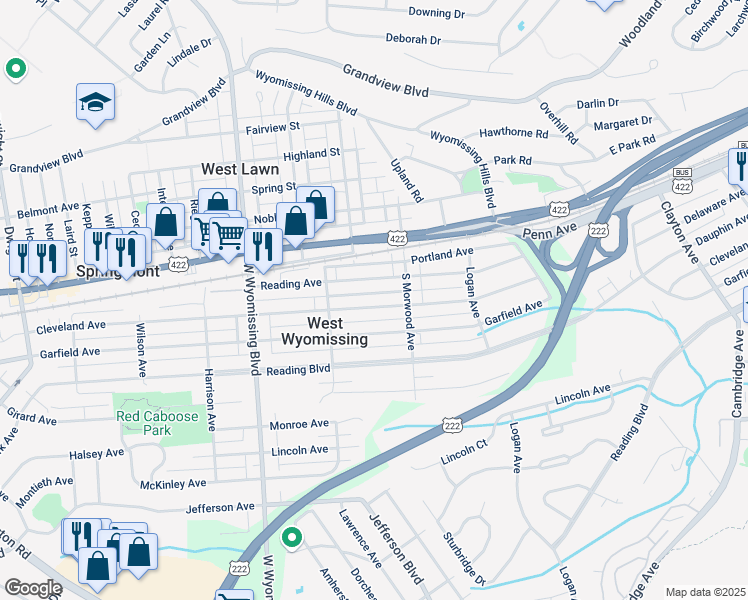 map of restaurants, bars, coffee shops, grocery stores, and more near 2130 Reading Avenue in West Lawn