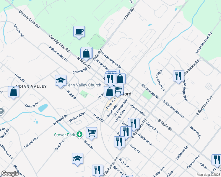 map of restaurants, bars, coffee shops, grocery stores, and more near 124 North Station Street in Telford