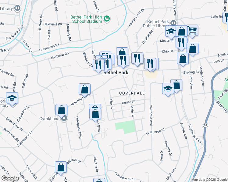 map of restaurants, bars, coffee shops, grocery stores, and more near 2888 Hemlock Street in Bethel Park