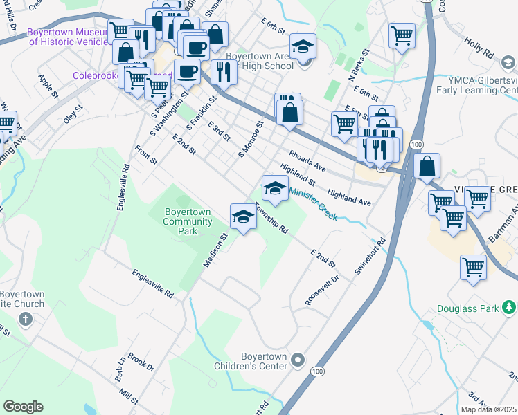 map of restaurants, bars, coffee shops, grocery stores, and more near 641 East 2nd Street in Boyertown