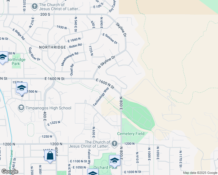 map of restaurants, bars, coffee shops, grocery stores, and more near 1566 Bowl Drive in Orem