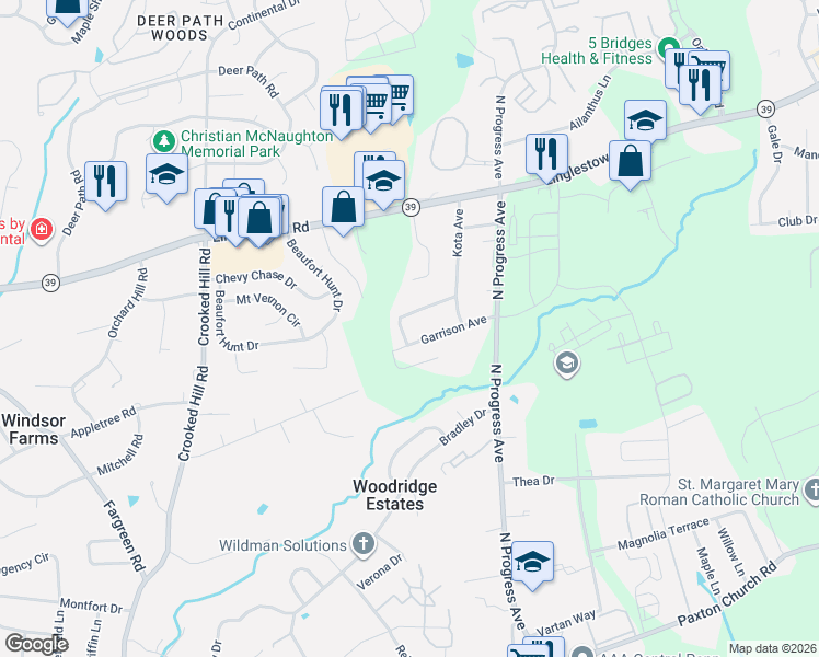 map of restaurants, bars, coffee shops, grocery stores, and more near 2412 Jericho Drive in Harrisburg