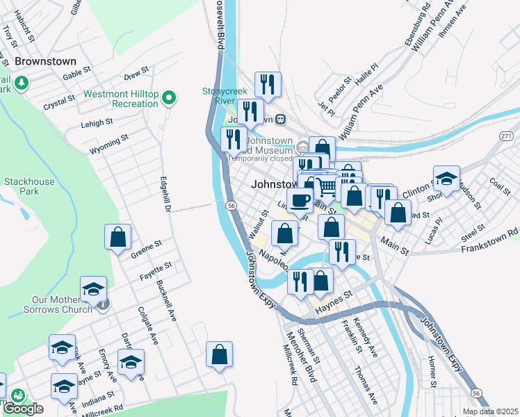 map of restaurants, bars, coffee shops, grocery stores, and more near in Johnstown