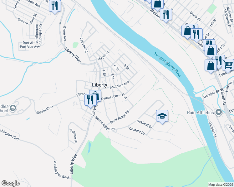 map of restaurants, bars, coffee shops, grocery stores, and more near 2904 E Street in McKeesport