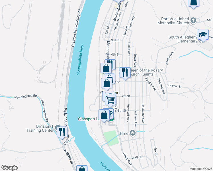 map of restaurants, bars, coffee shops, grocery stores, and more near 544 Monongahela Avenue in Glassport