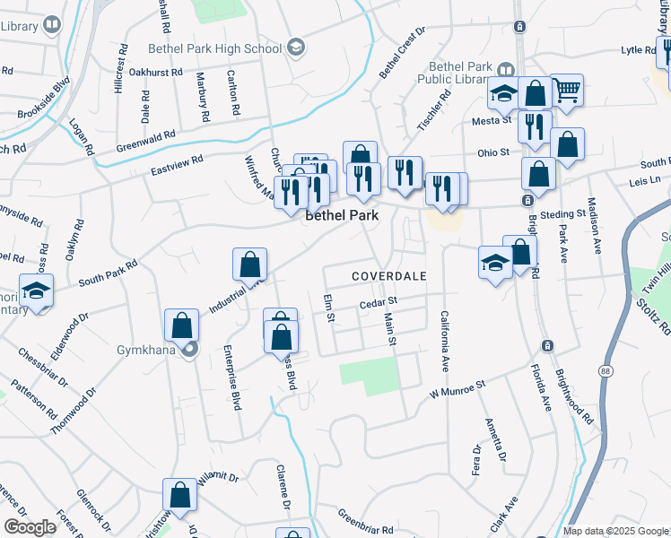 map of restaurants, bars, coffee shops, grocery stores, and more near 2888 Hemlock Street in Bethel Park