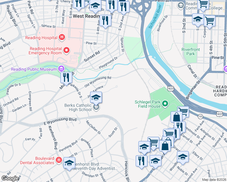 map of restaurants, bars, coffee shops, grocery stores, and more near in West Reading