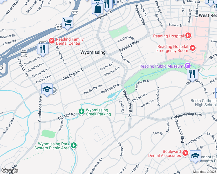 map of restaurants, bars, coffee shops, grocery stores, and more near 1252 Van Steffy Avenue in Wyomissing