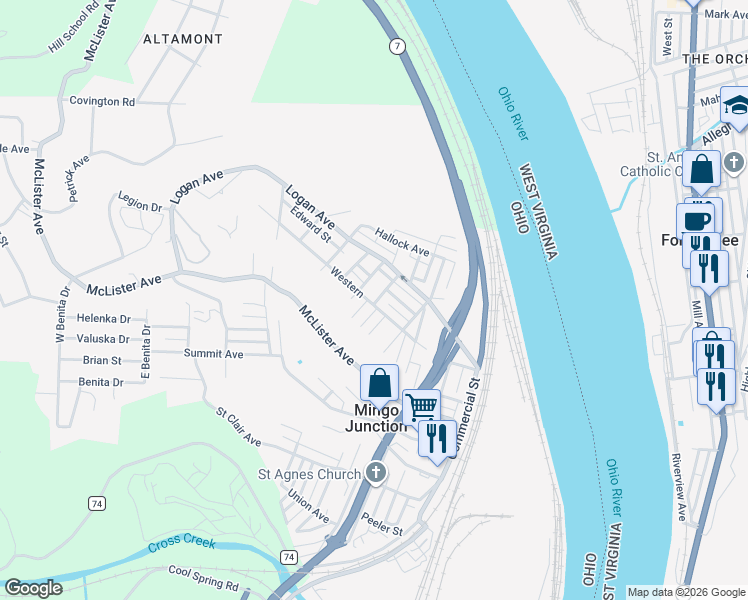 map of restaurants, bars, coffee shops, grocery stores, and more near 204 Warren Avenue in Mingo Junction