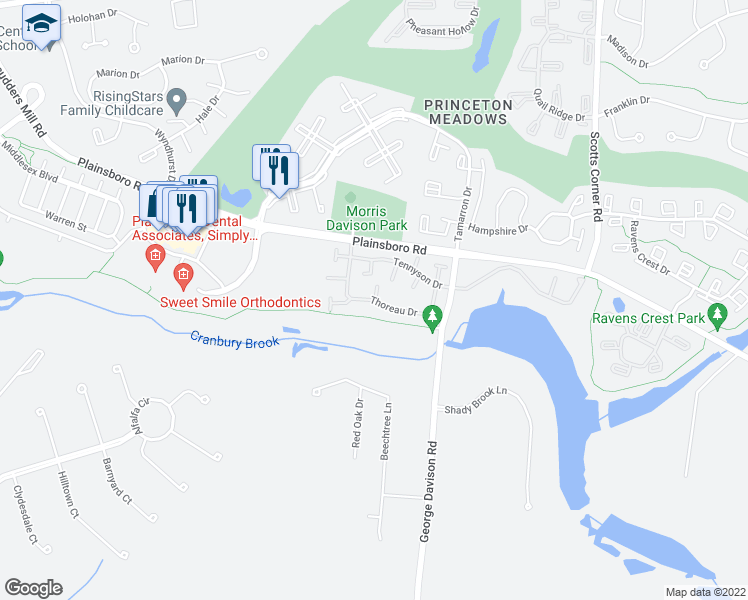 map of restaurants, bars, coffee shops, grocery stores, and more near 87 Thoreau Drive in Princeton Meadows