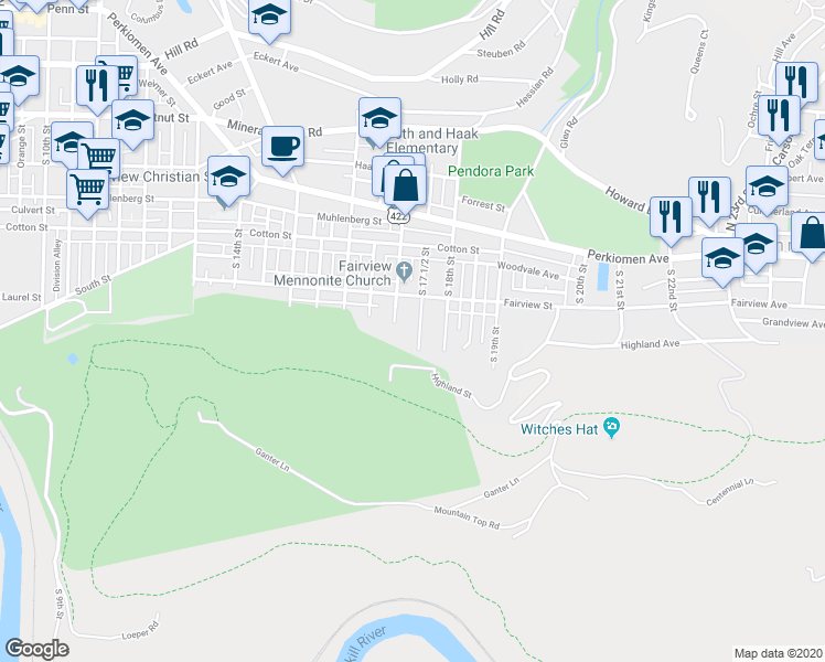 map of restaurants, bars, coffee shops, grocery stores, and more near 652 South 17 1/2 Street in Reading
