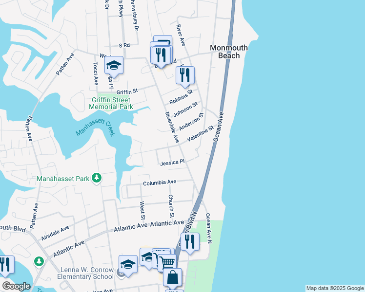 map of restaurants, bars, coffee shops, grocery stores, and more near 19 Riverdale Avenue in Monmouth Beach