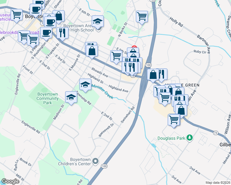 map of restaurants, bars, coffee shops, grocery stores, and more near 744 Highland Avenue in Boyertown