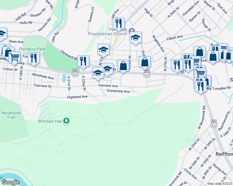 map of restaurants, bars, coffee shops, grocery stores, and more near 2416 Grandview Avenue in Mount Penn