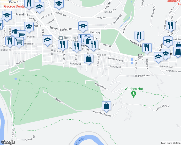 map of restaurants, bars, coffee shops, grocery stores, and more near 652 South 17 1/2 Street in Reading