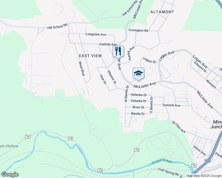 map of restaurants, bars, coffee shops, grocery stores, and more near 221 Eleanor Street in Mingo Junction