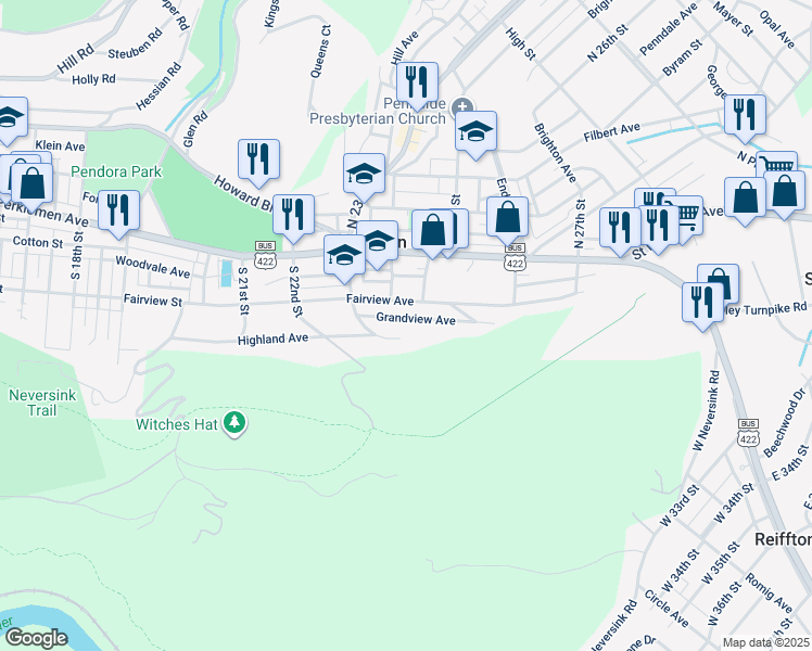 map of restaurants, bars, coffee shops, grocery stores, and more near 2412 Grandview Avenue in Mount Penn