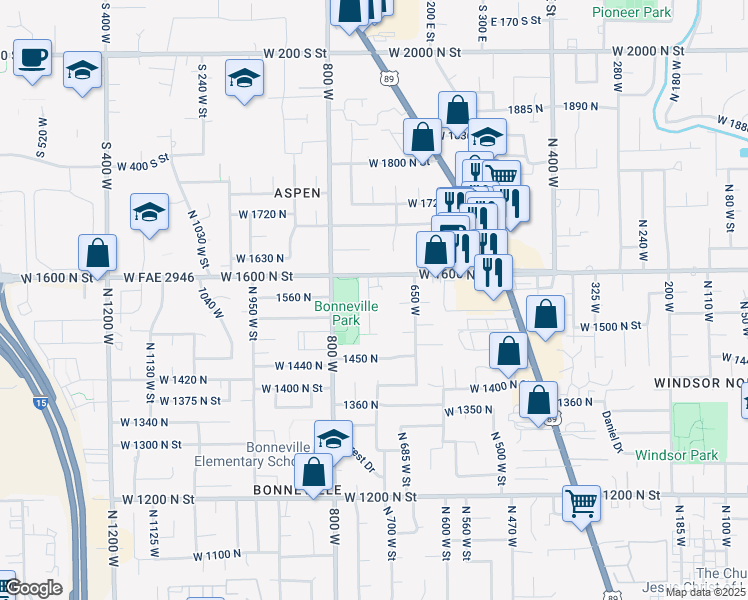 map of restaurants, bars, coffee shops, grocery stores, and more near 1552 North 740 West Street in Orem