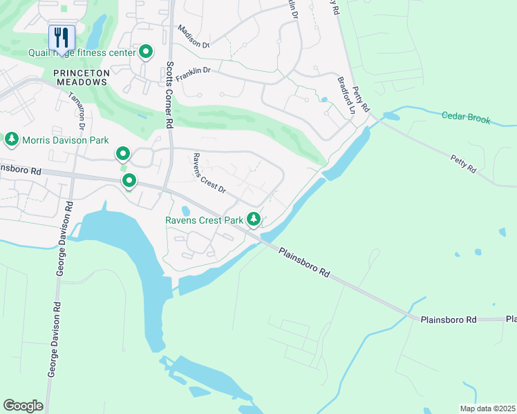 map of restaurants, bars, coffee shops, grocery stores, and more near 4915 Ravens Crest Drive in Princeton Meadows