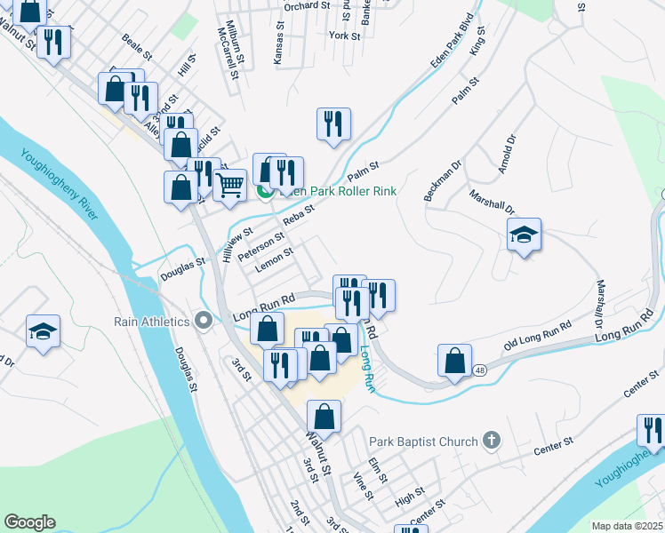 map of restaurants, bars, coffee shops, grocery stores, and more near 3921 Oakwood Street in McKeesport