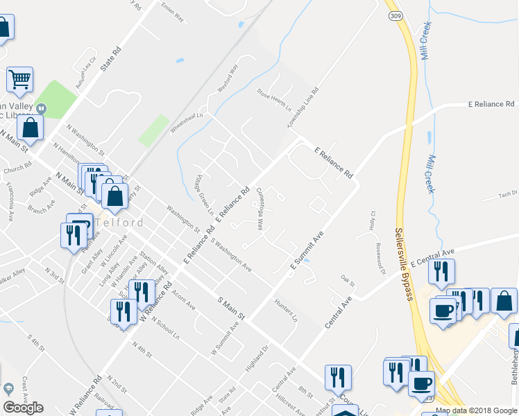 map of restaurants, bars, coffee shops, grocery stores, and more near 121 Reliance Circle in Telford