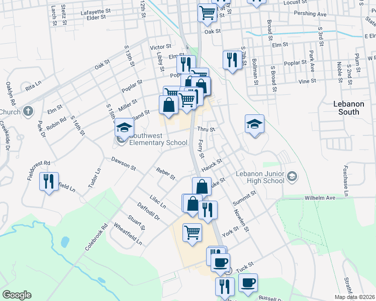 map of restaurants, bars, coffee shops, grocery stores, and more near Colebrook Road in Lebanon