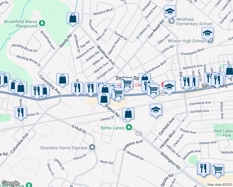 map of restaurants, bars, coffee shops, grocery stores, and more near 3527 Penn Avenue in Sinking Spring