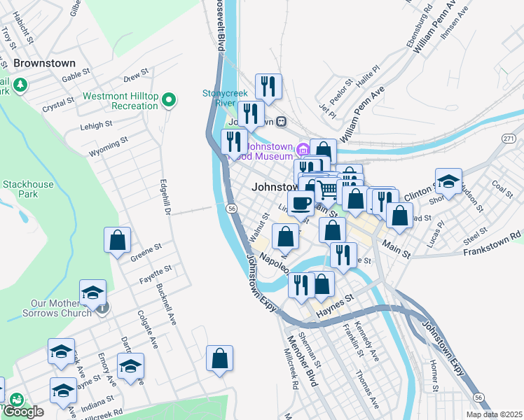 map of restaurants, bars, coffee shops, grocery stores, and more near 232 Walnut Street in Johnstown