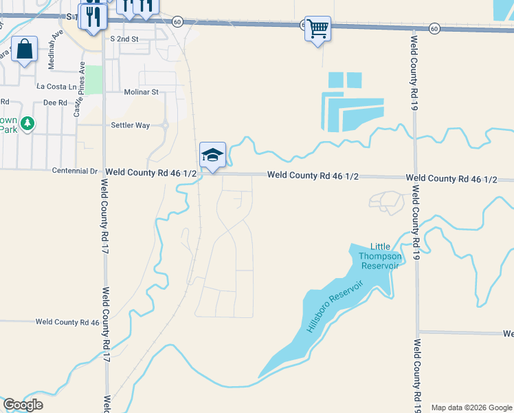 map of restaurants, bars, coffee shops, grocery stores, and more near 8512 County Road 46 1/2 in Milliken