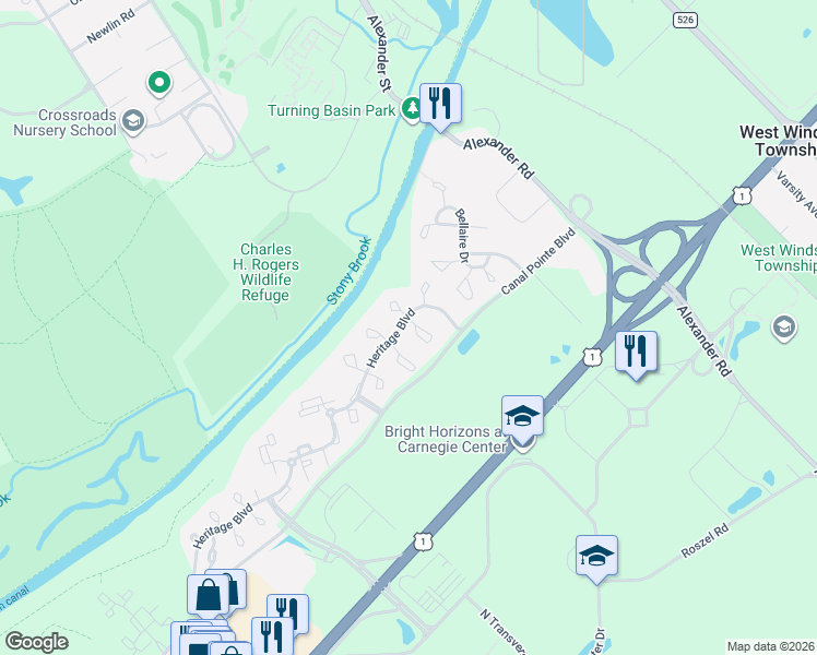 map of restaurants, bars, coffee shops, grocery stores, and more near 20 Trumbull Court in Princeton