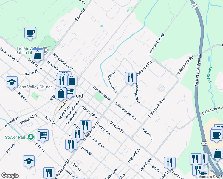 map of restaurants, bars, coffee shops, grocery stores, and more near 226 Village Green Lane in Telford