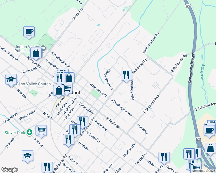 map of restaurants, bars, coffee shops, grocery stores, and more near 226 Village Green Lane in Telford