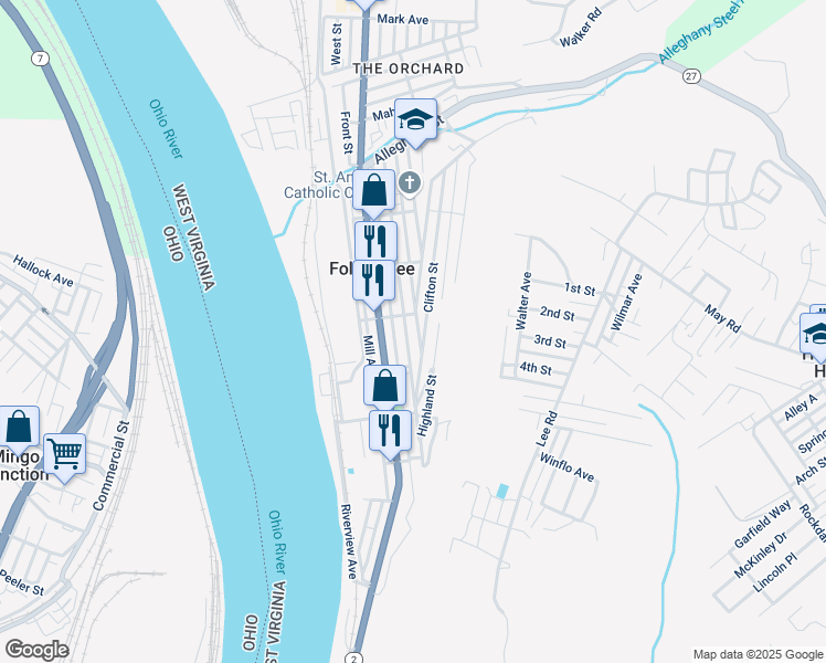 map of restaurants, bars, coffee shops, grocery stores, and more near 700-798 Rose Alley in Follansbee