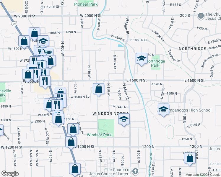 map of restaurants, bars, coffee shops, grocery stores, and more near 1574 North 110 West Street in Orem