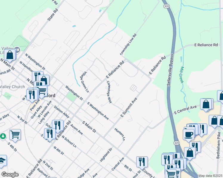 map of restaurants, bars, coffee shops, grocery stores, and more near 93 Reliance Circle in Telford