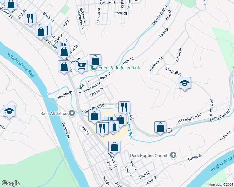 map of restaurants, bars, coffee shops, grocery stores, and more near 3921 Oakwood Street in McKeesport