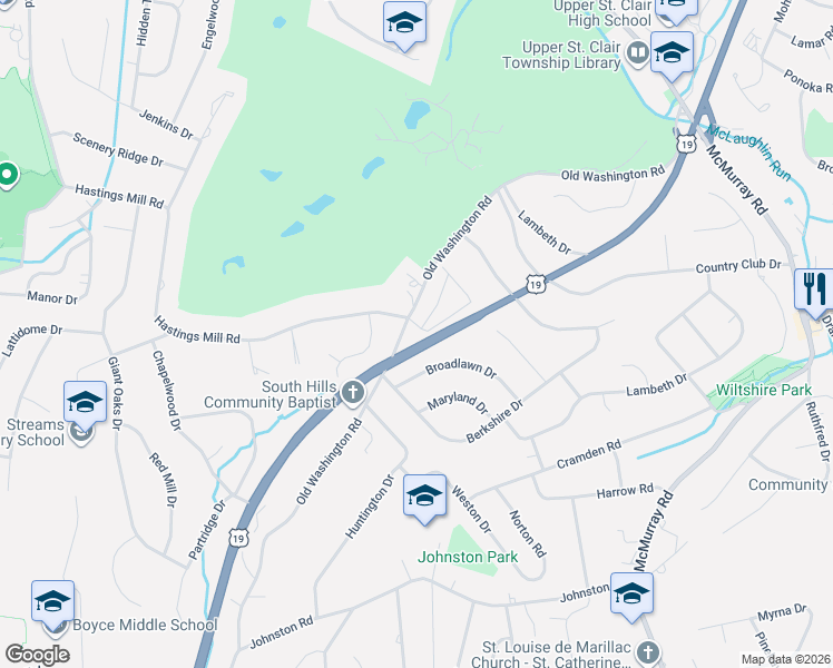 map of restaurants, bars, coffee shops, grocery stores, and more near 103 Village Court in Pittsburgh