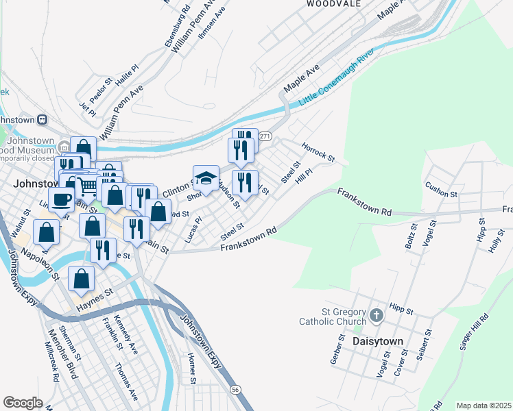map of restaurants, bars, coffee shops, grocery stores, and more near 821 Steel Street in Johnstown