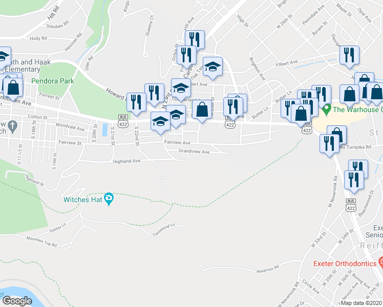 map of restaurants, bars, coffee shops, grocery stores, and more near 2416 Grandview Avenue in Mount Penn