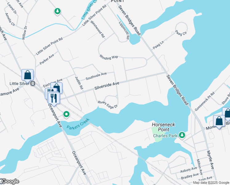 map of restaurants, bars, coffee shops, grocery stores, and more near 99 Rivers Edge Drive in Little Silver